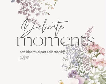 Imágenes prediseñadas florales en acuarela: delicados ramos de flores silvestres, coronas y conjunto de imágenes PNG botánicas.