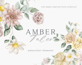 Conjunto de imágenes prediseñadas florales de acuarela: ramos de flores color marfil (PNG)