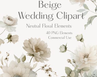 Imágenes prediseñadas de boda en tonos beige, elementos florales neutros, flores botánicas, paleta de colores suaves (descarga instantánea)