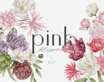 Colección de imágenes prediseñadas de acuarela de flores rosas / Paquete de imágenes prediseñadas florales románticas para manualidades, invitaciones e imprimibles