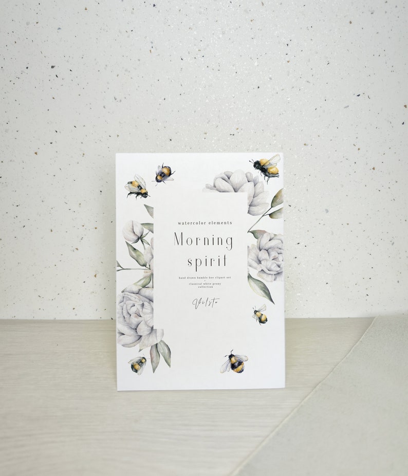 Pode incluir: Ilustra&ccedil;&atilde;o de aquarela de pe&ocirc;nias brancas e abelhas com o texto "watercolor elements Morning spirit hand drawn bumble bee clipart on classical white peony  Valito"