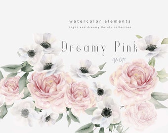 Clipart de acuarela floral ruborizada / Paquete de flores PNG (descarga digital)