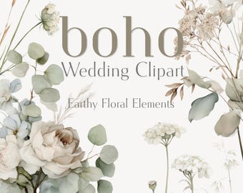 Imágenes prediseñadas de boda bohemia, elementos PNG florales con tonos tierra, gráficos botánicos neutros para bodas, uso comercial.