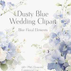 以下が含まれることがあります： 青い花の要素を持つ「Dusty Blue Wedding Clipart」のグラフィック。画像は、青と白の花と葉の、水彩画風のイラストを特徴としています。「Dusty Blue Wedding Clipart」、「Blue Floral Elements」、および「60+ PNG Elements Commercial Use」というテキストが含まれています。