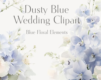 Elementos de imágenes prediseñadas florales en azul empolvado para bodas (descarga instantánea)