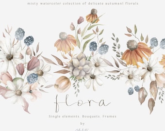 Clipart floral de otoño en acuarela, flores de jardín otoñal (descarga digital)