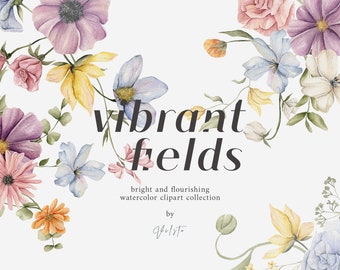Colección de imágenes prediseñadas de acuarela de campos vibrantes / Paquete de imágenes prediseñadas de flores brillantes para manualidades, invitaciones y material imprimible