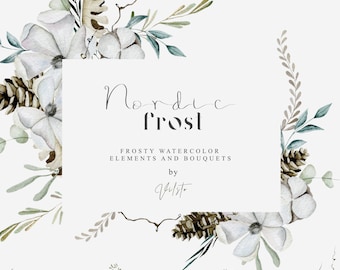 Clipart navideño de acuarela con adornos florales festivos (descarga digital)