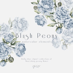 Dusty blue flower clipart, Watercolor flower clipart, Dusty blue peony clipart, Watercolor peony clipart