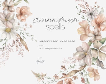 Clipart de flores de acuarela beige, ramos y marcos florales (PNG)