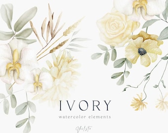 Conjunto de imágenes prediseñadas de flores de acuarela color marfil, ramos florales amarillos (PNG)