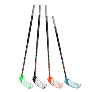 May include: Four floor hockey sticks with different coloured blades. The blades are green, black, orange, and blue. The sticks are black with white and orange accents.