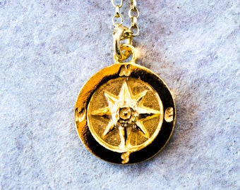 Compass necklace, Gold coin necklace, Dainty gold necklace with compass charm, Layered choker necklace Delicate necklace with gold medallion