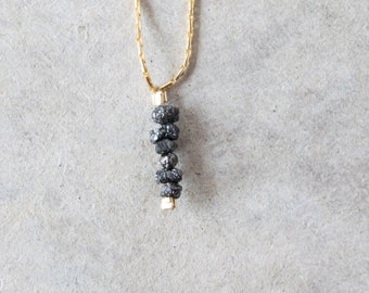 Black diamond necklace, Raw stone jewelry, Dainty gold choker necklace with raw diamond pendant, Minimalist birthstone necklaces for women
