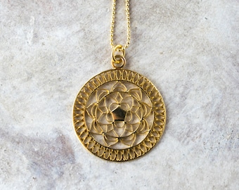 Large gold mandala pendant necklace, Sacred geometry jewels, Buddhist jewelry, Spiritual medallion necklaces for women Lotus flower necklace