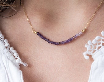 Dainty Raw Amethyst Necklace: Gold Filled Beaded Bar Choker
