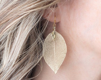 Real leaf earrings, Dangle gold leaves earrings, Bohemian woodland earrings, Vintage gift for her Delicate nature earrings Boho leaf jewelry