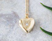 Gold heart locket necklace, Dainty gold necklace with photo locket, Gold locket with tiny Cz pendant necklaces for women, Gifts for women