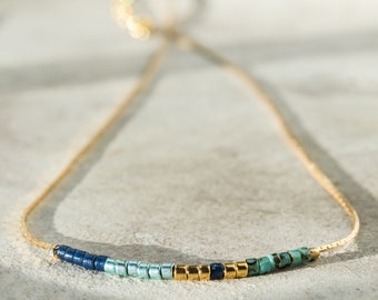 Dainty thin gold filled chain necklaces for women with tiny colorful beads, Minimalist boho silver beaded choker necklace gift for her