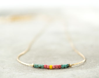 Dainty Turquoise Beaded Necklace: Gold Filled Boho Choker