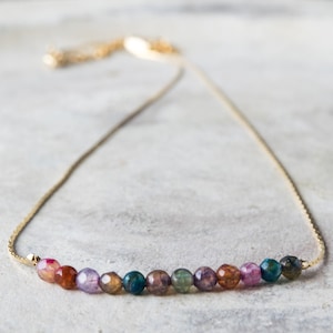 Agate beaded necklace, Dainty Gemini necklace, Minimalist multi color necklace, Gold filled chain necklaces for women Rainbow crystal choker