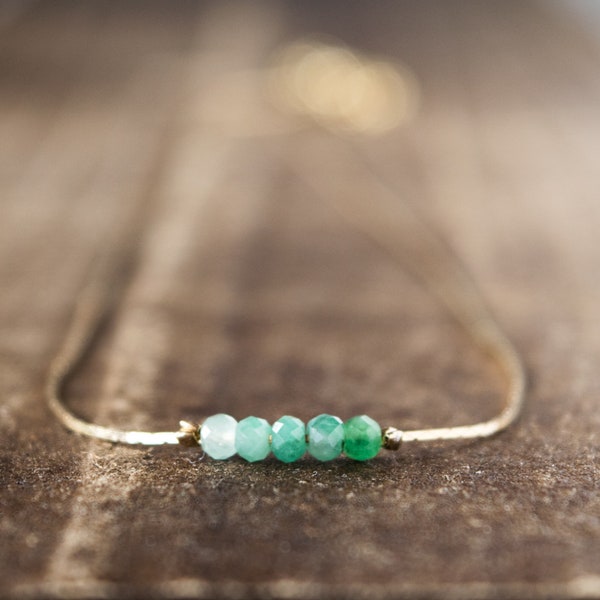 Emerald necklace with delicate gold filled chain, Dainty gold necklace with emerald beads, Layered gemstone bar necklaces for women