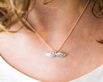 Dainty silver angel wing necklace, Sterling silver pendant necklaces for women, First communion necklace gift for girl, Flower girl gift