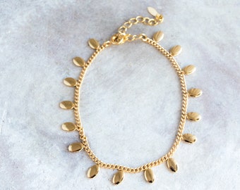Dainty gold bracelet with teardrop charm, Boho bracelet with gold charms, Dangle charm bracelet, Adjustable gold chain bracelet with coins