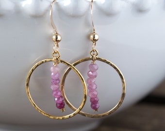 Dangle ruby earrings, Gemstone beaded hoop earrings with tiny red stones, Gold filled earrings with birthstone, Geometric statement earrings