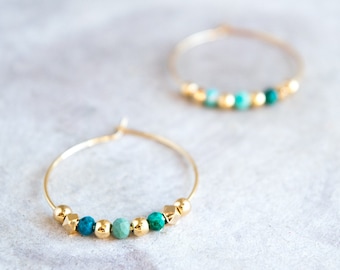 Gold hoop earrings with chrysocolla, Dangle beaded hoops, Boho turquoise earrings, Statement gemstone earrings, Dainty large hoop earrings