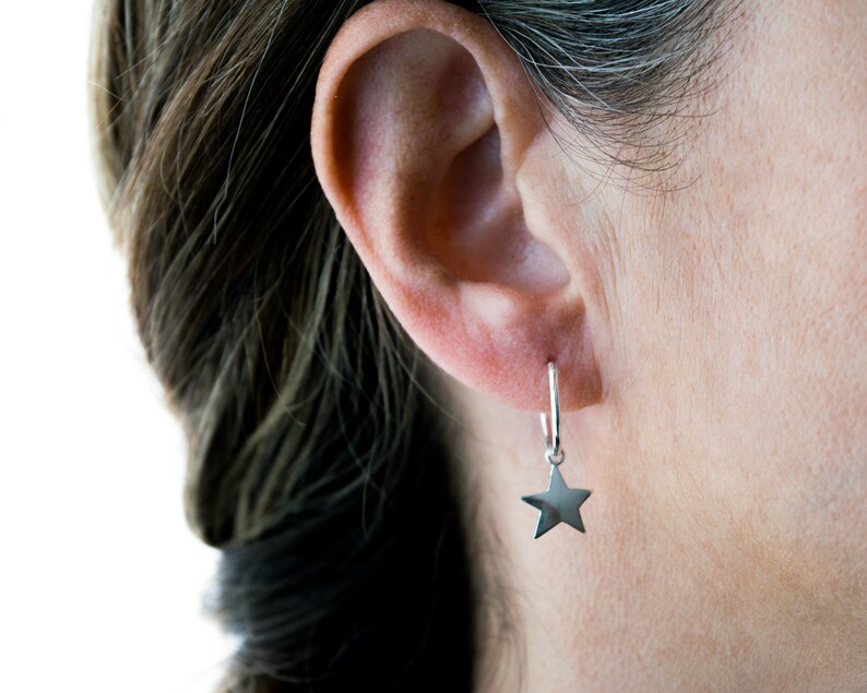 Sterling silver star earrings Huggie hoop earrings Edgy earrings Small hoop earrings with star Huggie earrings Charm hoop earrings