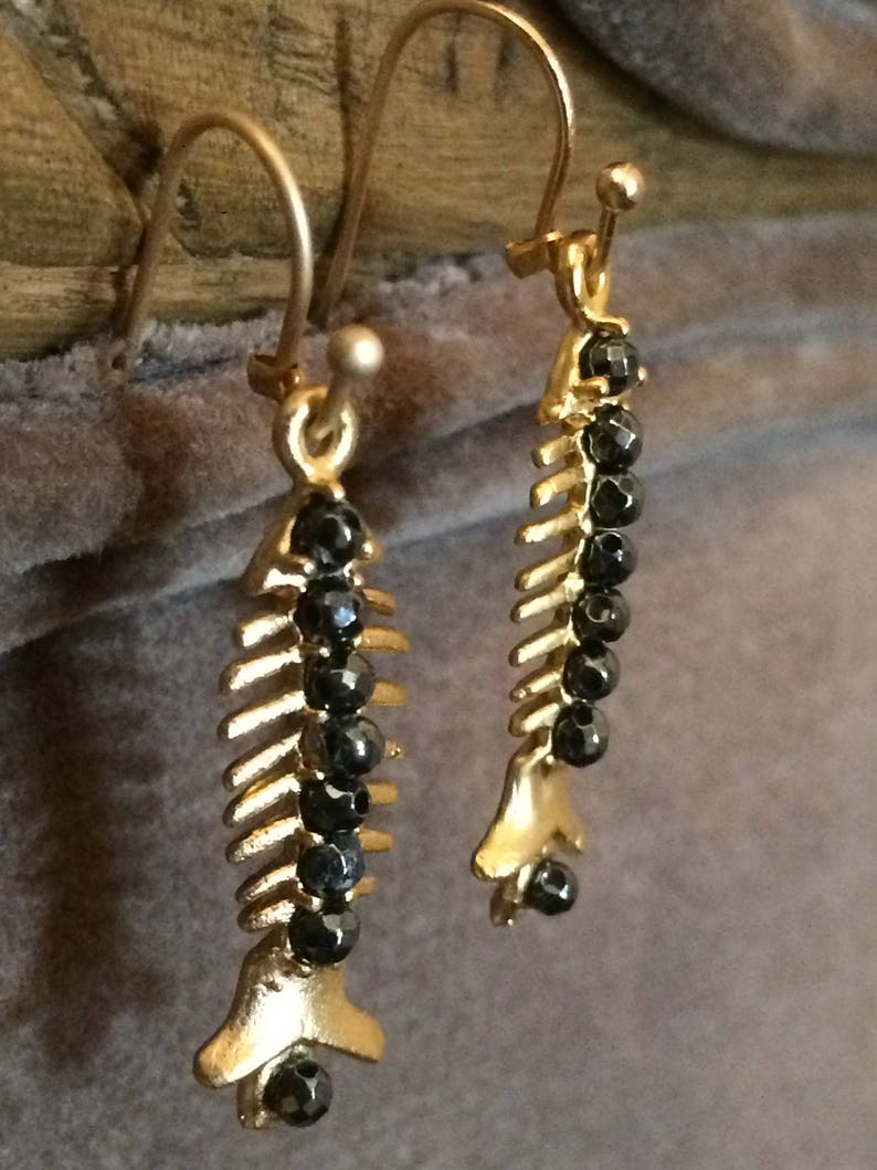 Fish Earrings Fish Bone Earrings Hematite Earrings Gold Etsy
