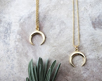 Crescent Moon Necklace: Gold Plated Horn Pendant, Boho Amulet