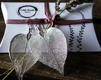 Sterling Silver Leaf Dangle Earrings: Real Plant Boho Jewelry
