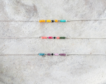 Dainty silver necklace with tiny colorful beads, Sterling silver beaded choker necklaces for women, Layered necklace with seed beads