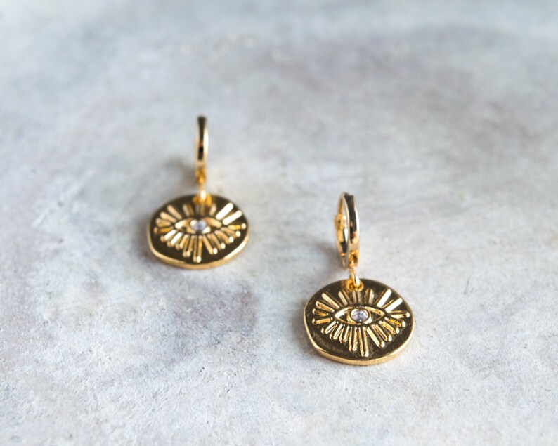 Gold evil eye earrings Small hoop earrings with charm Huggie Etsy