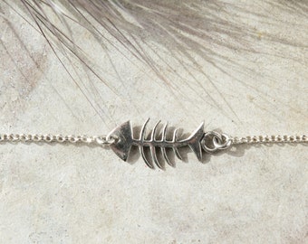 Pulsera con dije de pez, pulsera ajustable de plata esterlina, regalo para ella, joyería de espina de pescado, delicada pulsera de espina de pescado para mujer, pulsera de surfista