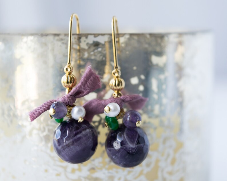 February birthstone jewelry Amethyst stone earrings dangle Purple gemstone earrings Genuine amethyst earrings gold Amethyst drop earrings