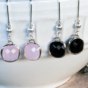 Long dangle silver bridesmaid earrings, Dainty vintage wedding earrings, Boho earrings with pink or black crystal drop, Statement earrings