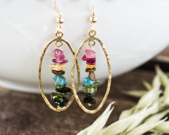 Dangle Gold Gemstone Earrings Statement Colorful Long Earrings