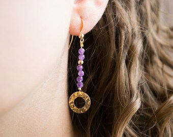 Dangle amethyst earrings with gold filled hammered disc, Statement earrings dangle, Boho earrings with gold hoop, Unique gemstone earrings