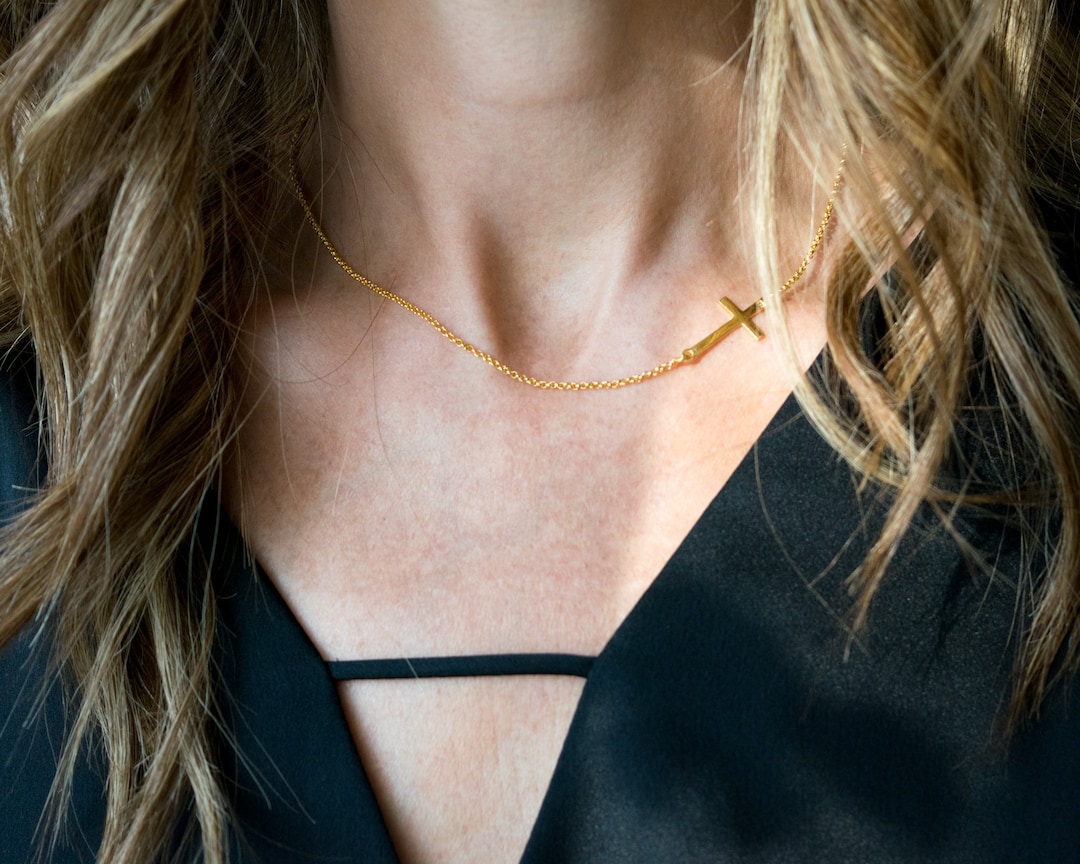 Gold Sideway Cross Necklace Simple Meaning Christmas Gift for Etsy