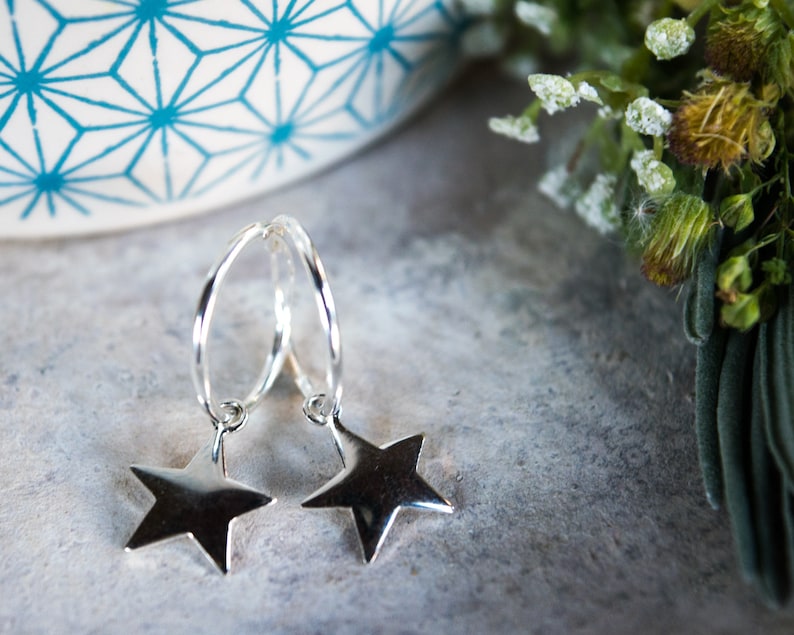 Sterling silver star earrings Huggie hoop earrings Edgy earrings Small hoop earrings with star Huggie earrings Charm hoop earrings