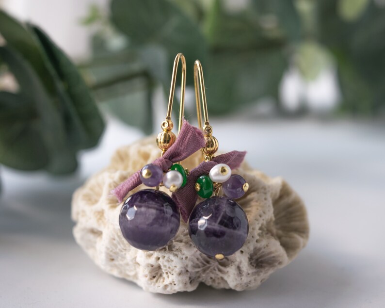 February birthstone jewelry Amethyst stone earrings dangle Purple gemstone earrings Genuine amethyst earrings gold Amethyst drop earrings