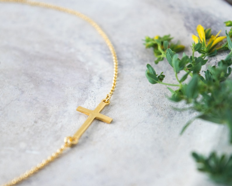 Gold Sideway Cross Necklace Simple Meaning Christmas Gift for Etsy