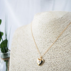 Pode incluir: Um colar de ouro com um pingente em forma de cora&ccedil;&atilde;o com um pequeno diamante no centro. O colar est&aacute; em um expositor branco.