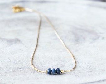 Dainty sapphire necklace, Gemstone necklaces for women, Delicate minimalist choker, Layered stone beaded necklace, Thin gold choker necklace