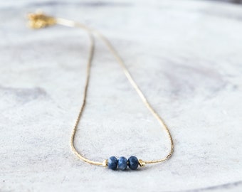 Dainty Sapphire Necklace: Thin Gold Choker, Layered Beaded Gemstone