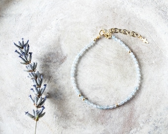Dainty aquamarine gemstone beaded bracelet, Thin gold filled bracelets for women, March birthstone jewelry, Blue chakra stone gifts,