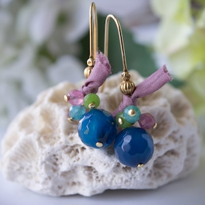 Boho Blue Agate Earrings: 14k Gold Plated Gemstone Dangle Earrings